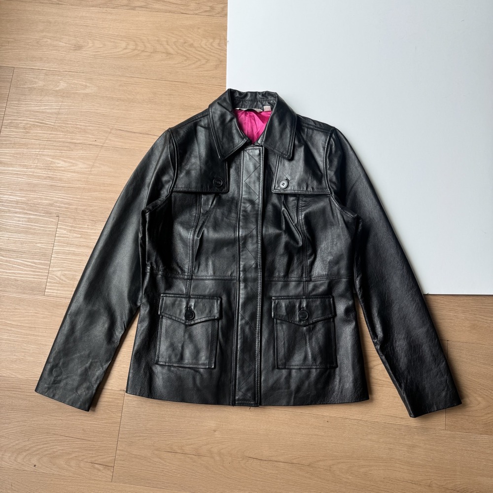 Y2K Black Genuine Leather Jacket Pink Lining Utility Small Isaac Mizrahi Live